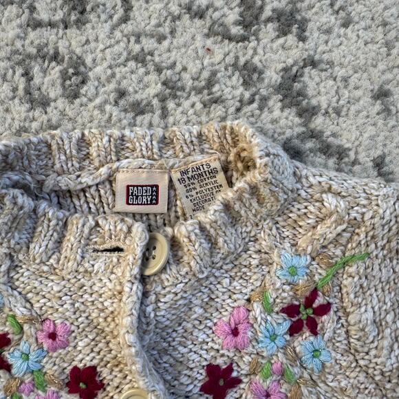 Vtg 1990s y2K Faded Glory Embroidered Floral Beige Sweater Cardigan 18M - Picture 2 of 7